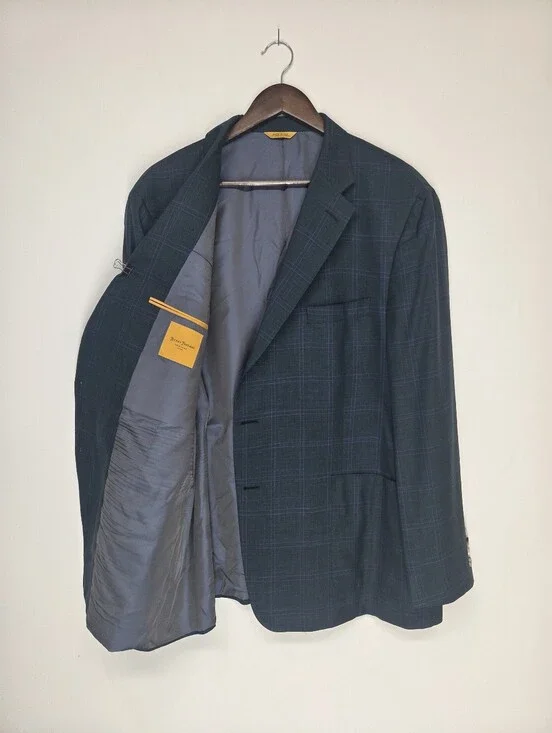 Hickey Freeman New York 48R Teal Plaid Sport Coat Wool Flax Silk USA