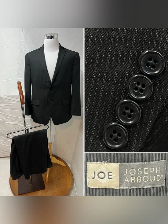 Joseph Abboud Men's 44S Blazer Jacket 38x27 Pants Black Pinstripe Suit