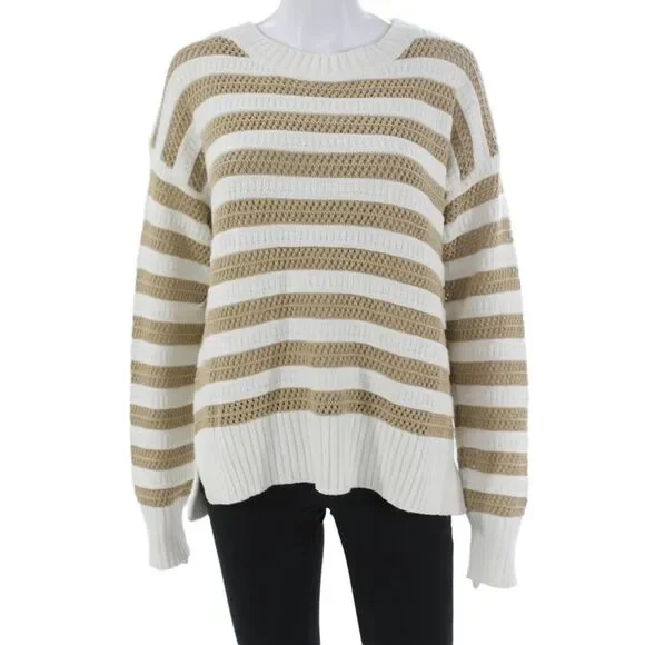 Interstyle Womens Pullover Striped Crew Neck Acrylic Sweater White Size M