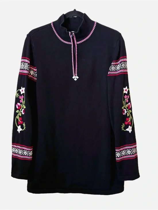 Hanna Andersson Cotton Embroidered Floral Sleeve Swedish Nordic Sweater Women M
