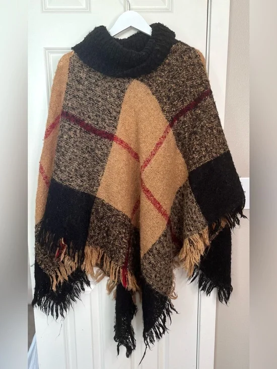 Steve Madden Plaid Fringe Turtleneck Poncho