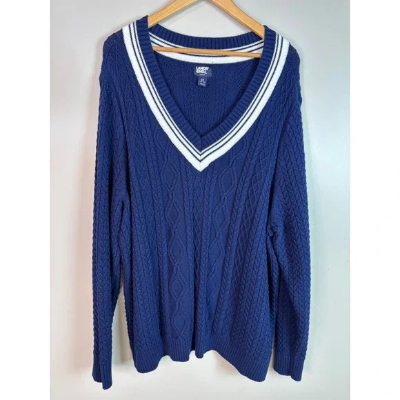 Lands'‎ End Drifter Sweater 3X Navy Blue Varsity Cable Knit V-Neck Pullover