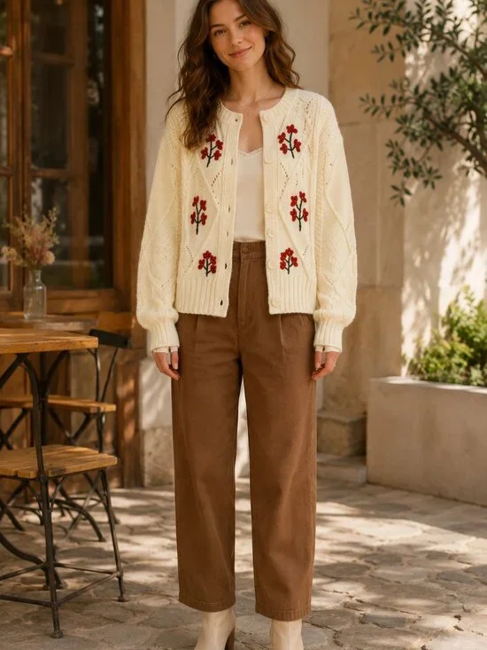 Handmade Cream Chunky Knit Button-Front Sweater with Burgundy Floral Embroidery