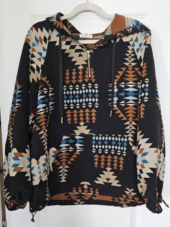 Kori Aztec Southwestern Hoodie Women L Pullover Tribal Print Boho Festival Jacke