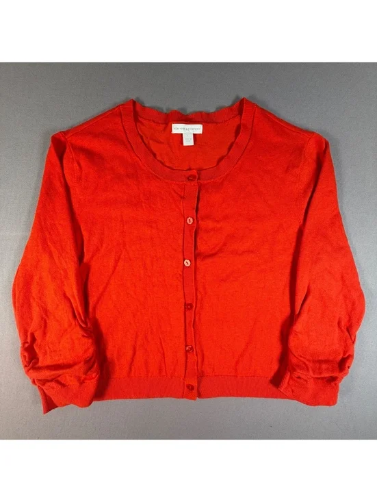 New York & Company Cardigan Sweater Womens L Bright Orange Button Up Knit