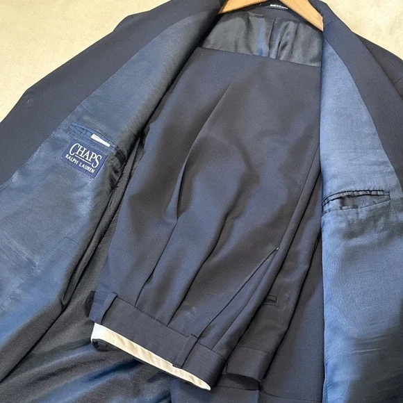 vtg 90s Ralph Lauren Chaps 44R 34x39 Navy 2pc Pant Suit Wool Cuffed Pleated