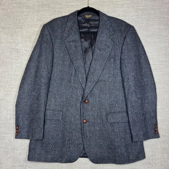 Brooks Brothers Vintage 80s Wool Herringbone Blazer Blue 44R Tweed Scotland