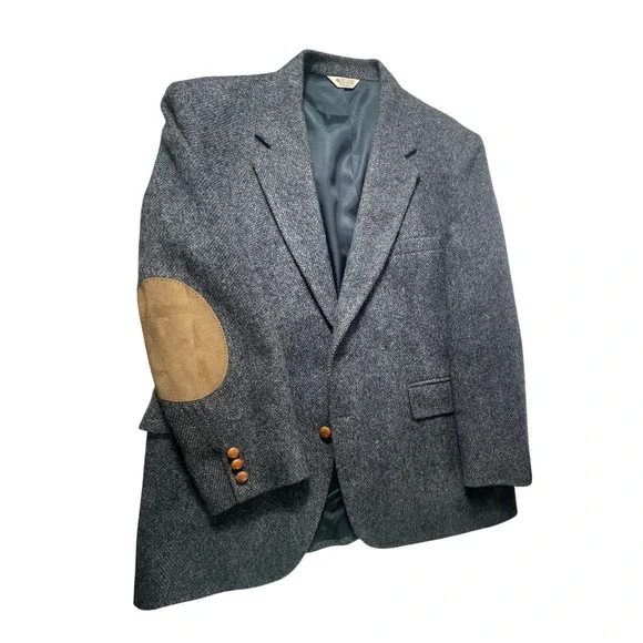 Vintage J.B. Britton Mens Ivy Trad Sport Coat 44R Wool Blue Tweed Elbow Patch
