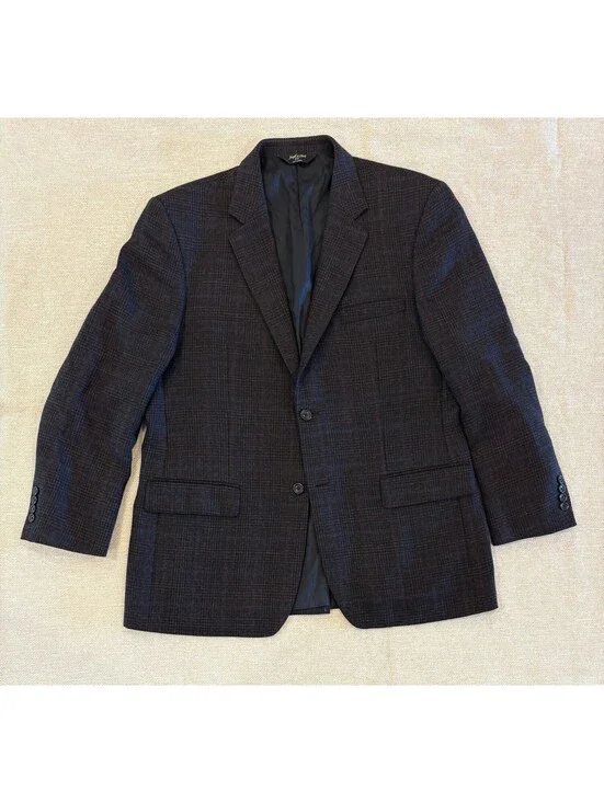 Joseph & Feiss Gold 100% Lambswool Plaid Suit Jacket Blazer Mens 42 Regular Navy