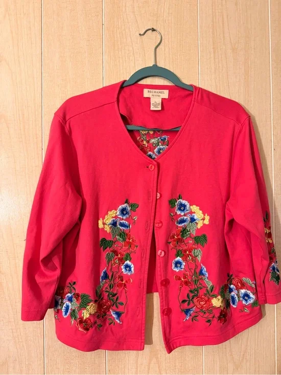 Bechamel Bright Red Pink Floral Embroidered Button-Front Cardigan Set