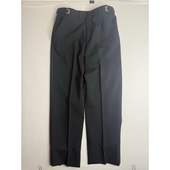 Vntg Jean Yves Mens Black Tuxedo Pants 31L Adjustable Metal Buckle 100% Wool Y2K