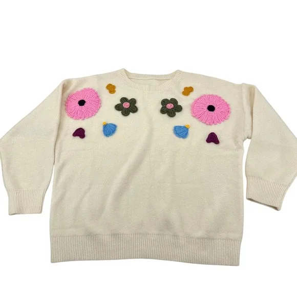 Cream Floral Crochet Applique Knit Sweater Womens 2X Pink Green Flower Pullover‎