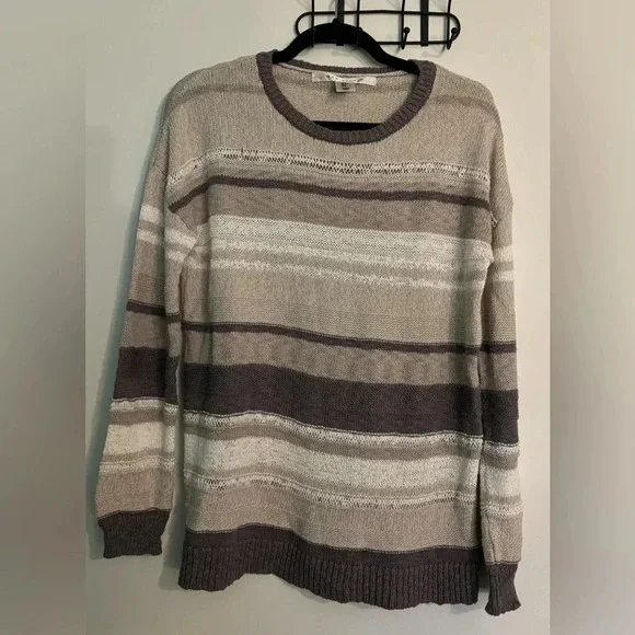 Max Studio Womens Long Sleeve Gray White Striped Sweater Cotton Blend Size Small