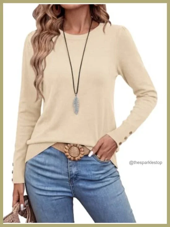 Lightweight Long Sleeve Knit Pullover Sweater with Button Cuffs Puff Shoulder
