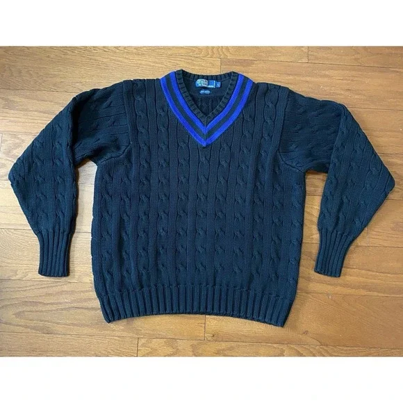 Polo Ralph Lauren Vintage Black Cable Knit V-Neck Cricket Sweater Mens Large‎ L