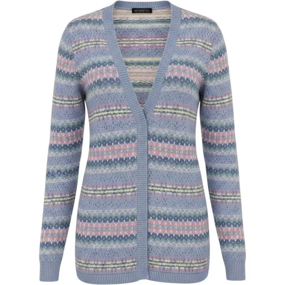 Lizsport Vintage‎ Fair Isle Cardigan Sweater Blue Pastel Cotton Knit USA Made M