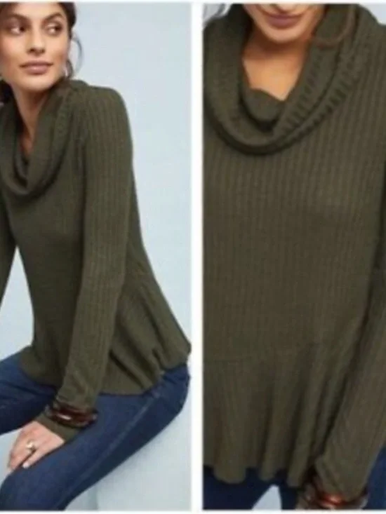 Anthropologie Maeve Olive Ribbed Cowl Peplum Sweater. XS