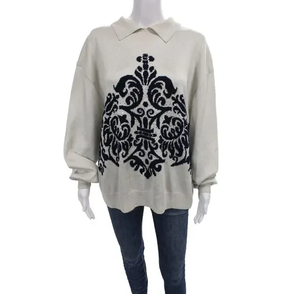 St. John By Marie Gray Unisex Collared Pullover Sweater Beige Cotton Size XL