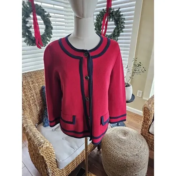 Talbots Red & Navy Blue Cardigan Sweater Womens‎ Size M Preppy Nautical