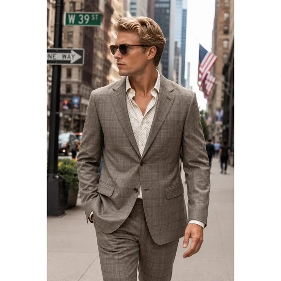 Jos A Bank‎ Reserve Ermenegildo Zegna Wool Suit 42L 36L Brown Plaid Mens