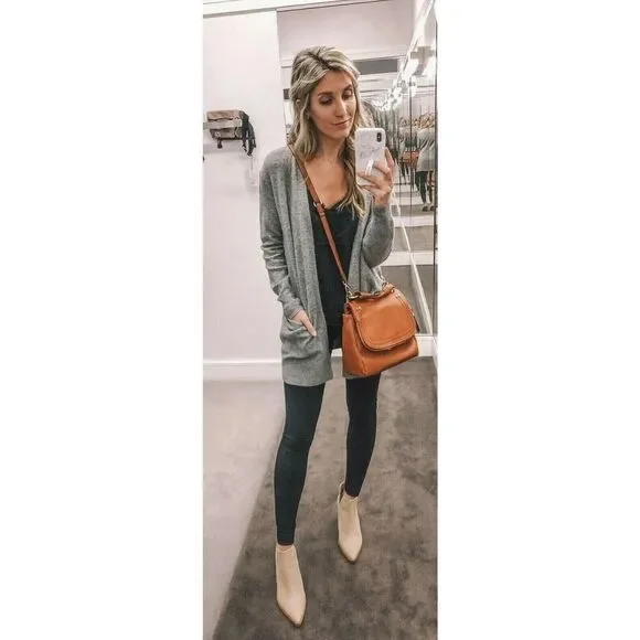 Open Front Cardigan Long Sleeve Knit Sweater Grey Casual Spring Cozy Lounge M