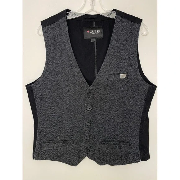 Guess Mens Vest Grey Black Textured Button Front Cinch Back L Preppy Casual