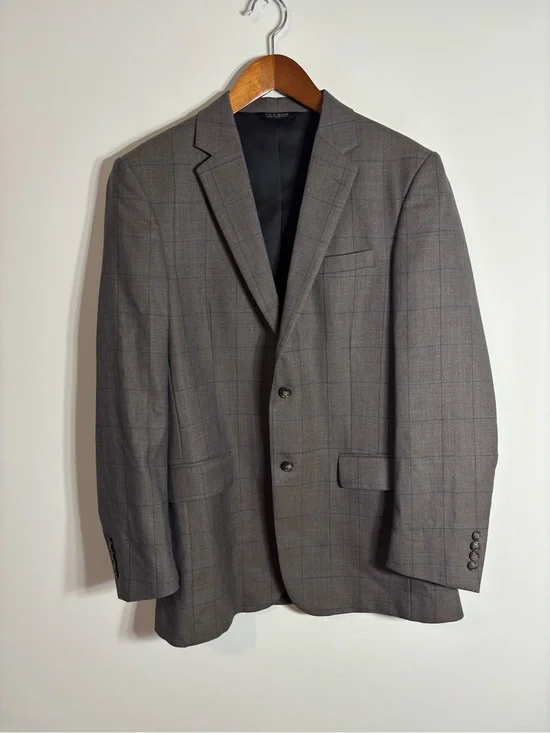 Jos A Bank Traveler Blazer Jacket Mens 40L Tailored Fit Grey Windowpane Wool