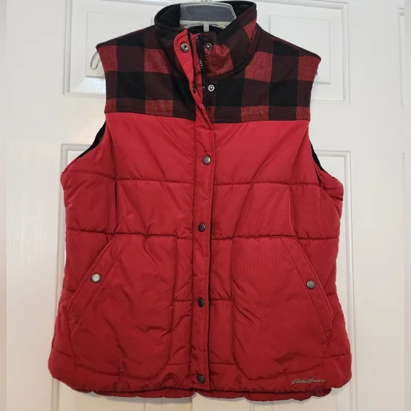 Eddie Bauer Red Buffalo Plaid Mock Neck Snap Button Men's Puffer Vest  Size XL