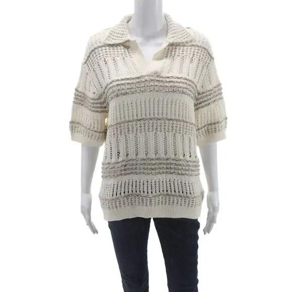 Zara Womens Pullover Collared Striped Short Sleeve Ivory Polyester Boho Size M