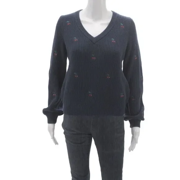 Lucky Brand Womens Pullover Sweater V-Neck Cherry Print Blue Size S