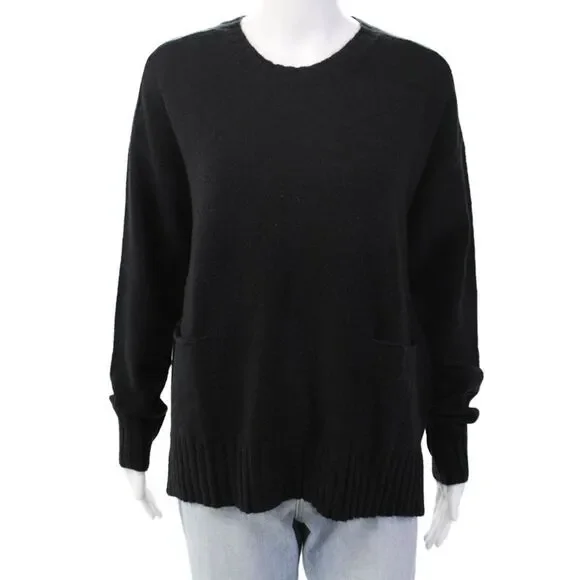 Renuar Womens Front Pockets Crew Neck Pullover Sweater Top Black Size L