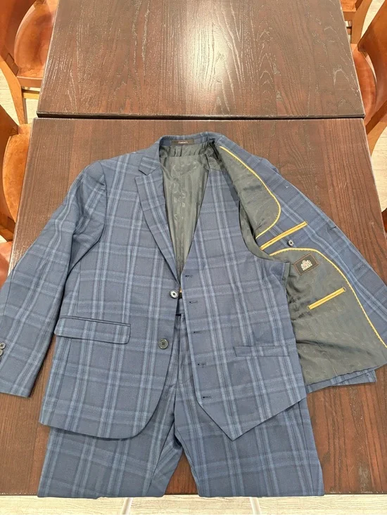 Men's Blue Windowpane Plaid Suit Jacket, Vest, and Pants- Classic Tailoring