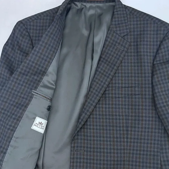 Peter Millar Flynn Sport Coat Men 44R Blue Brown Check 100% Wool Blazer Jacket