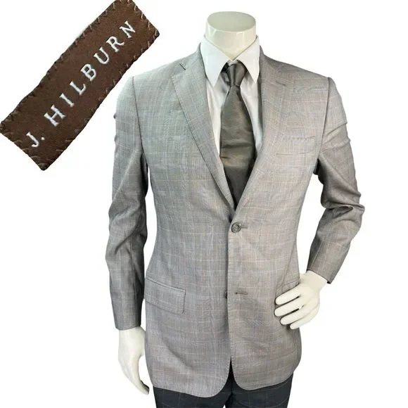 J Hilburn Vitale Barberis Men 36R Blazer European Fit Gray Wool Glen Plaid