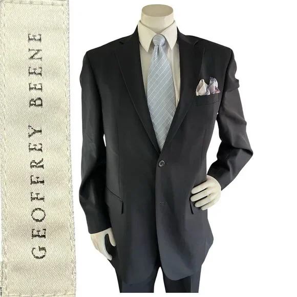 Geoffrey Beene Mens Suit Jacket Pants Black 100% Wool 46L 36x31