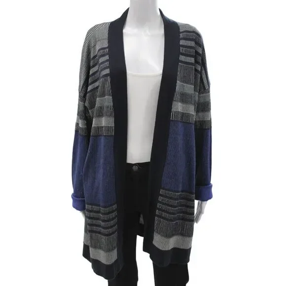 St. John Unisex Black Striped Cotton Polyester Cardigan Long Sleeve Size XL