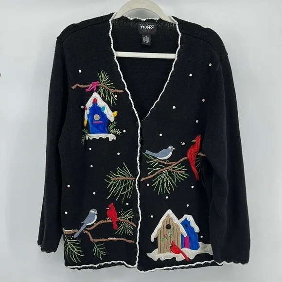 VTG Studio Black Christmas‎ Cardigan with Festive Cardinal Design Sz 1X