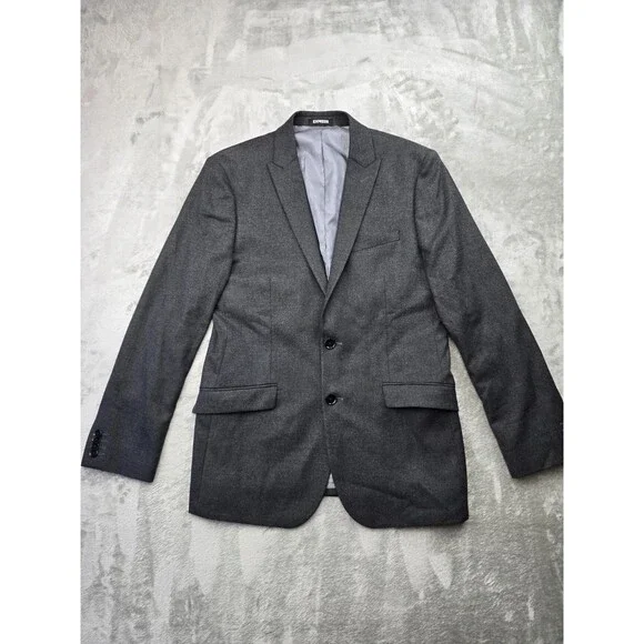 Express Men's Formal Gray Solid Blazer — Size 40R, 2-Button with Pockets.