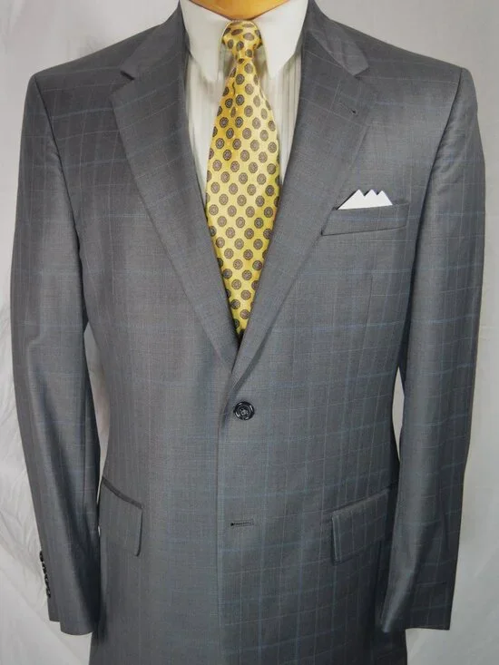 Jos A Bank Signature SHARKSKIN Gray Blue Check Plaid Suit Mens 40 L 34 x 32 WOOL