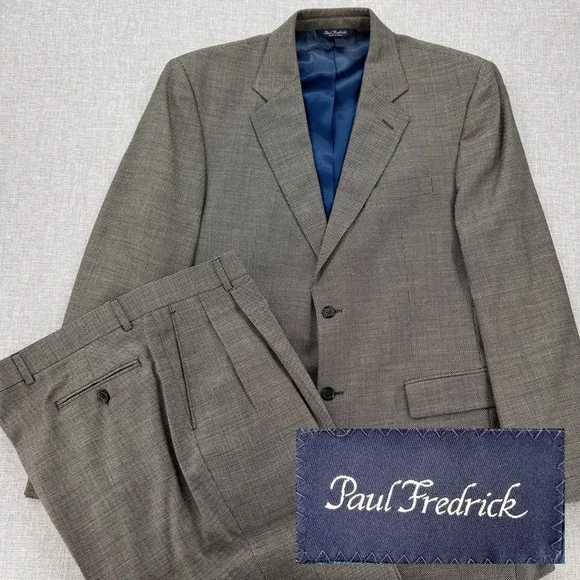 VTG Y2K Paul Fredrick Suit 2pc Wool Blend 44L 38x33 Black Birdseye Ivy‎ Preppy