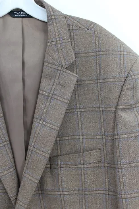 Jos A Banks Traveler Men 48L Blazer Wool Window Pane Gray Blueb Tailored Fit