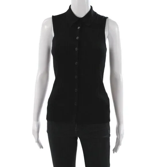 Madewell Women Basic Ribbed Knit Sleeveless Collared Polo Black Size S