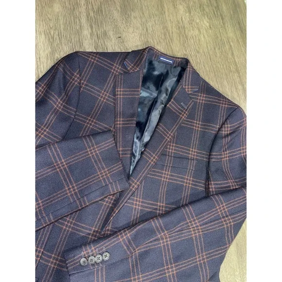 Stafford Navy Blue Plaid Sport Coat Slim Fit 100% Wool Blazer 44L