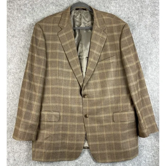 VTG Joseph Abboud Silk Wool Blazer Sport Coat Mens 46R Brown Windowpane USA