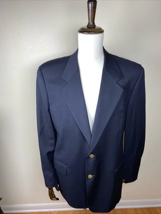 Valentino‎ Men’s 44R Navy Single-Breasted Blazer with Gold Logo Buttons Classic