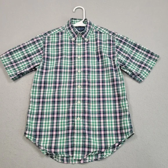 Ralph Lauren Boys S 8/10 Green Pink‎ Plaid Short Sleeve Button Down Shirt