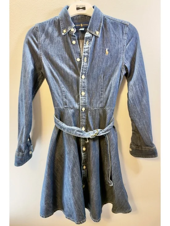 Girls Polo Ralph Lauren denim pocket flair dress. Size 8
