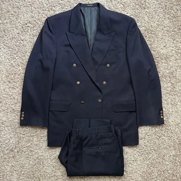 Vintage Oscar de la Renta Double Breasted 42R Navy Blue Wool Gold Button Blazer