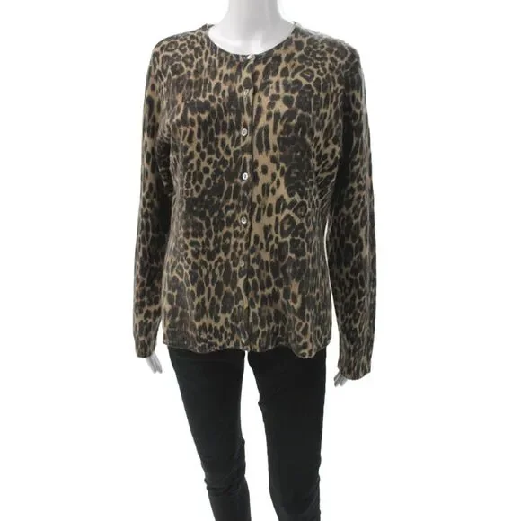 Carole Little Women Cardigan Leopard Beige Button Cotton Wool Size L