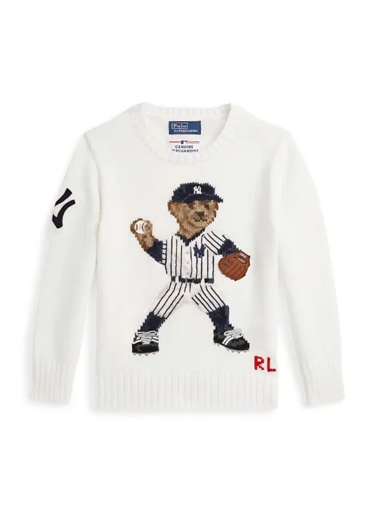 Yankees Polo Ralph Lauren Preschool Bear Pullover Sweater - White - Size 7